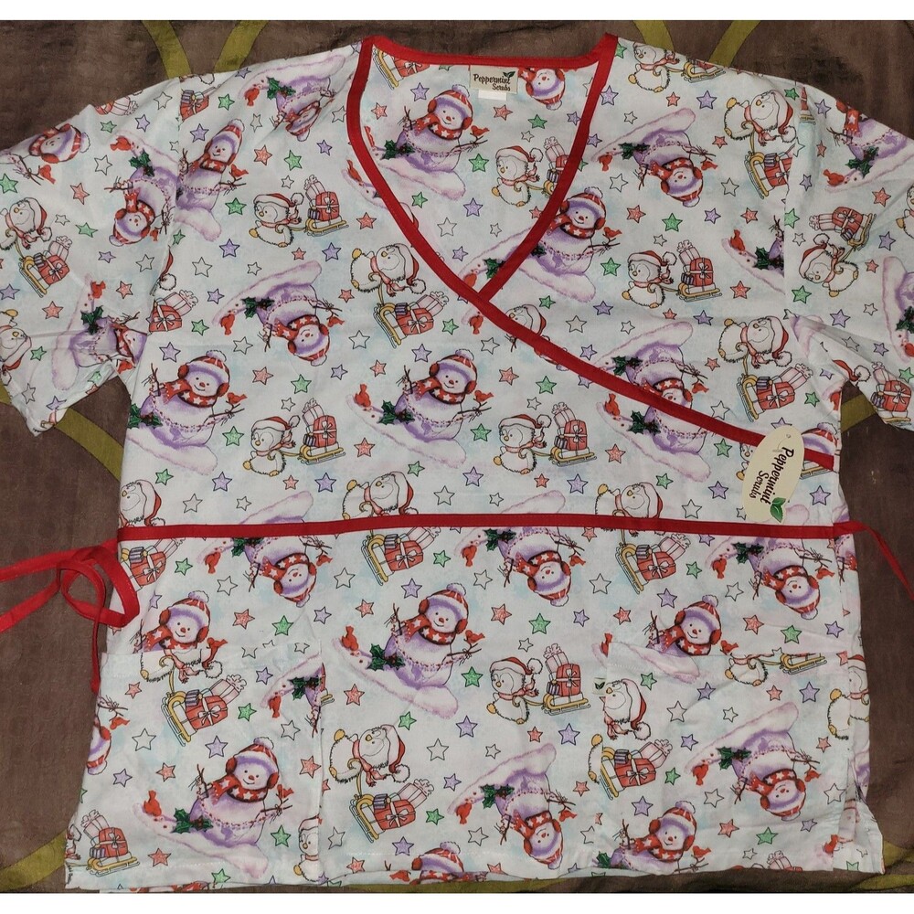 Peppermint Scrubs Nursing Hospital Nurse Hygienist Snowman Christmas NEW NWT